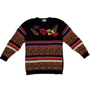 Vintage SK Company Sweater Women's Black Floral Leopard Print Striped Knit Large